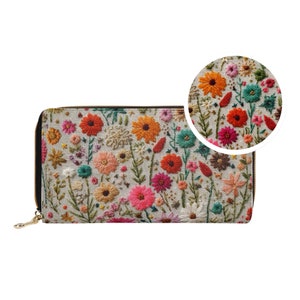 Cartera de flores de verano para mujer con bordado falso, bonita cartera con cremallera floral bohemia, cartera de mano estilo cottagecore, monedero de cuero vegano, regalo para ella