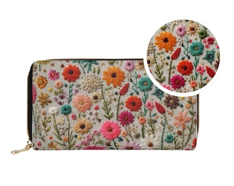 Cartera de flores de verano para mujer, con cremallera, estilo cottagecore, de piel vegana con bordado falso y monedero.