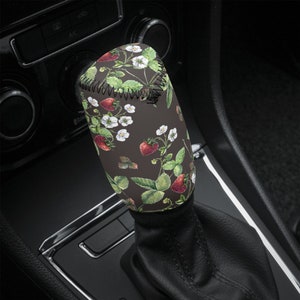 Strawberry Floral Shift Knob Cover, Cottagecore Car Shifter Gear Cover Black, Boho Botanical Car Interior Decor, Shifter Knob Cover