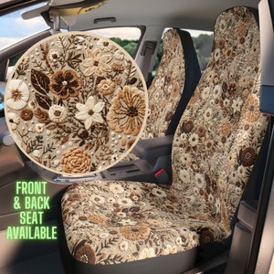 Boho Hazel Floral Car Seat Cover Set: Faux Embroidery, Cottagecore Style