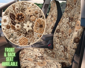 Boho Hazel Floral Car Seat Cover Set Cottagecore Car Decor for Women, Faux Embroidery