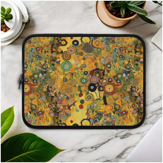 Klimt Flowers Laptop Sleeve, Abstract Floral Padded Computer Case, The Kiss Inspired