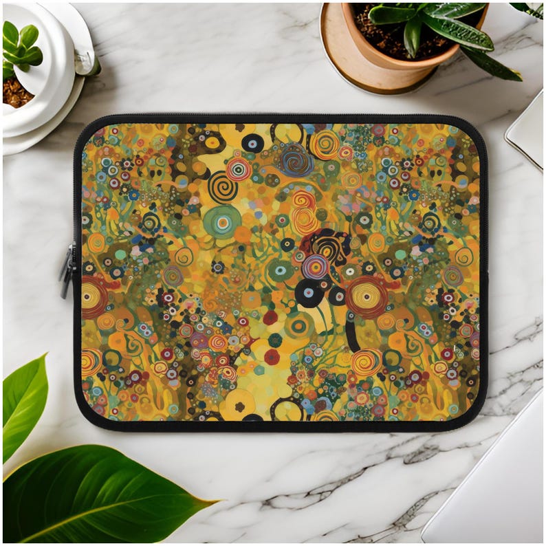 Klimt Flowers Laptop Sleeve, Abstract Floral Padded Computer Case, The Kiss Inspired image 1