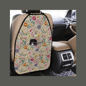 サマーフラワーブルームキックマット 車用シートバック保護 子供 犬 旅行用アクセサリー フェイク刺繍 防水 カーシート収納 吊り下げ