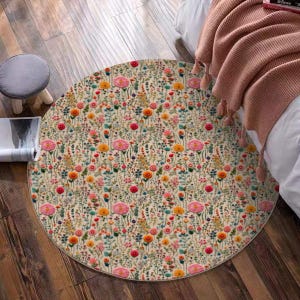 Winzige Wildblumen Wiese Runde Bodenmatte Bunter Wildblumen Teppich Floral Akzent Teppich Schwamm Weicher Teppich für Schlafzimmer Kinderzimmer Faux Stickerei