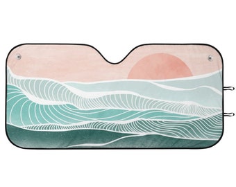 Boho Sun and Sea Windshield Sun Shade, Pink and Green Sunshade Car Windshield Sunshade, Sun Visor for Car Windshield, Front Window Sunshade