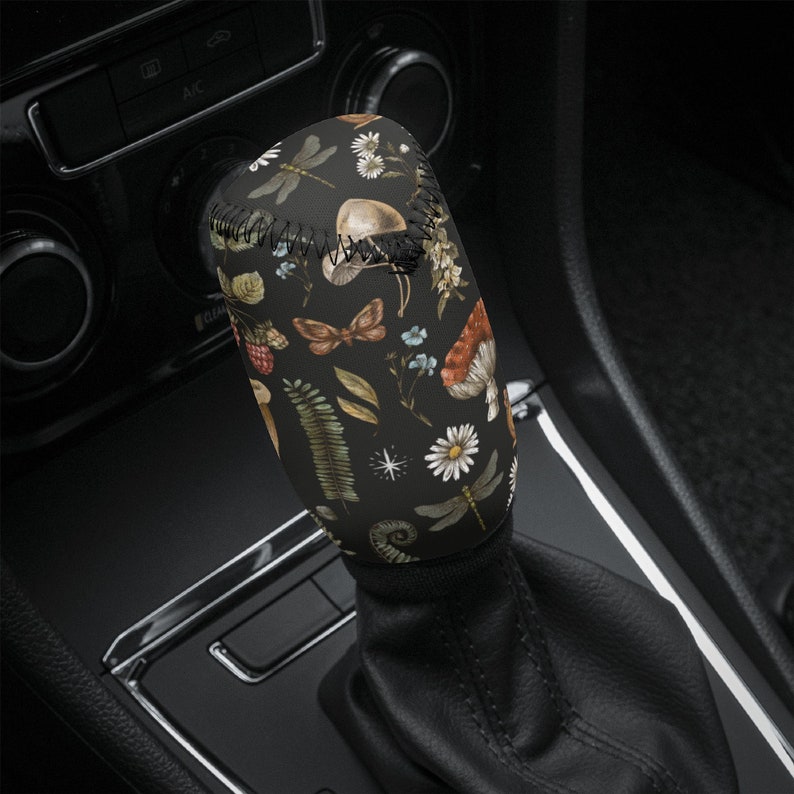 Cottagecore Mushroom Shift Knob Cover, Car Shifter Gear Cover Cute, Witchy Car Interior Decor Black, Amanita Mushroom, Snail, Fern image 5