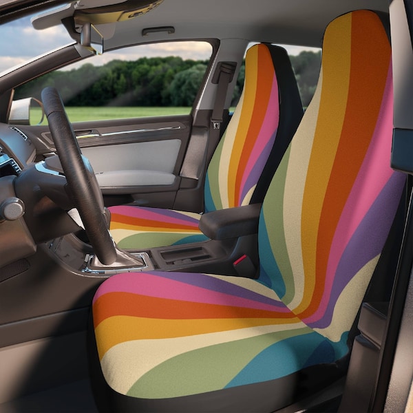Retro Sun Ray Car Seat Cover Colorful, 70s Seat Cover for Car for Vehicle, Cute Car Seat Cover, Car Gift, Set of 2
