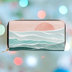 Boho Sun & Sea Wallet for Women, Pink Zipper Wallet, Nature Large Wallet with Coin Pocket, Aesthetic Faux Leather Wallet Vegan, Gift for Her