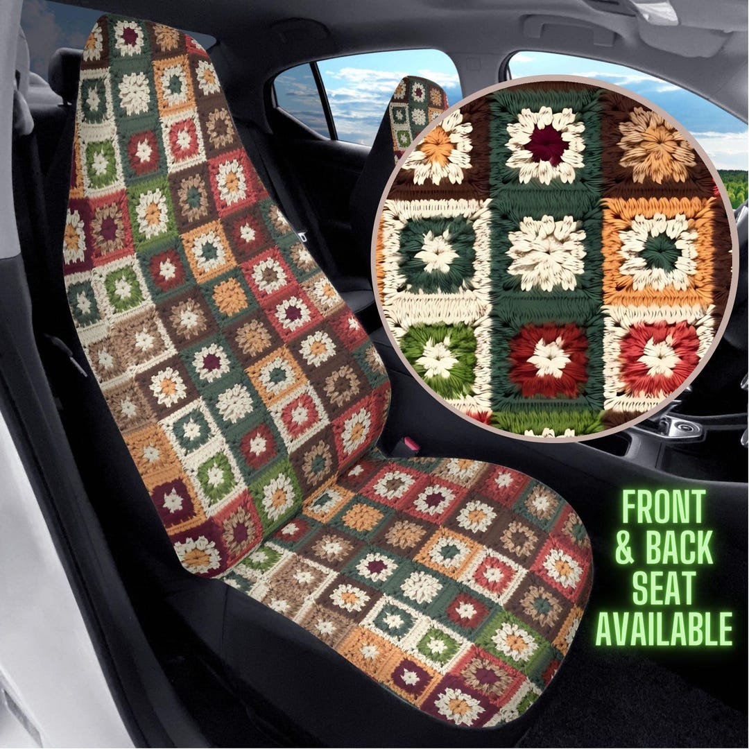 Faux Crochet Car Seat Cover Granny Squares, Aesthetic Car Decor