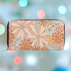 Carteira Floral Boho para Mulheres, Carteira com Zíper Bege Fofa, Carteira Clutch Floral com Bolso para Moedas, Bolsa de Couro Vegana Estética, Presente para Ela