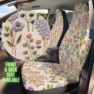 Lavender Spring Car Seat Cover for Vehicle Full Set Faux Embroidery, Car Seat Covers for Women, Boho Floral Cotagecore Car Decor, Car Gift