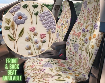 Lavender Spring Car Seat Cover for Vehicle Full Set Faux Embroidery, Car Seat Covers for Women, Boho Floral Cotagecore Car Decor, Car Gift