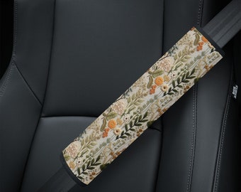 Cottagecore Flower Meadow Seat Belt Cover, Floral SeatBelt Cover Cute, Green Car Seat Belt Strap Cover, Car Decor Gift, Faux Embroidery