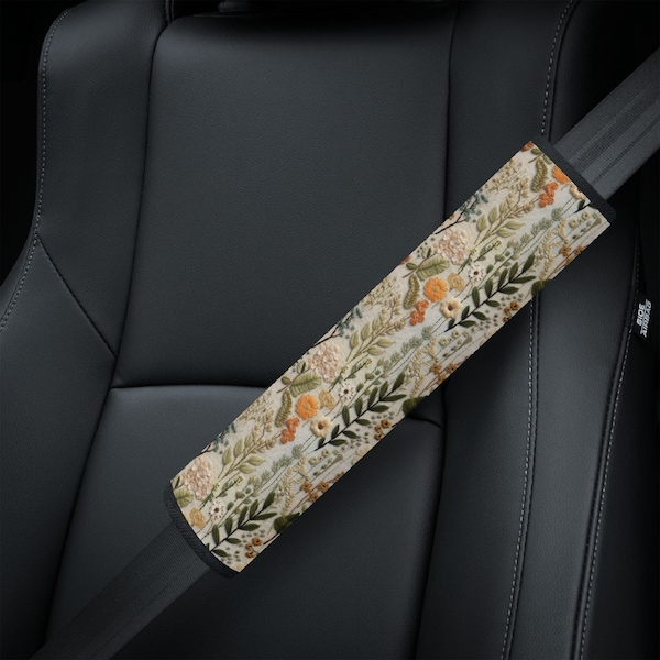 Cottagecore Flower Meadow Seat Belt Cover, Floral SeatBelt Cover Cute, Green Car Seat Belt Strap Cover, Car Decor Gift, Faux Embroidery