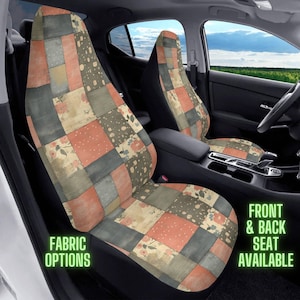 May include: Car seat covers featuring a patchwork design with muted orange, sage green, and cream squares. Some squares display floral patterns or small dots. Text on the image reads FABRIC OPTIONS and FRONT & BACK SEAT AVAILABLE.
