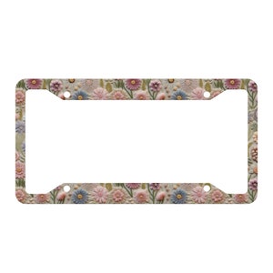 Pastel Blossom License Plate Frame Cute, Boho License Plate Frames for Women, Floral Car Plate, Car Decor Gift for Her, Faux Embroidery