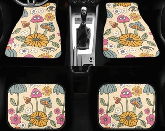Alfombrillas para coche, Juego de alfombrillas de coche con estampado de setas, Alfombrillas de coche color magenta y amarillo para mujer, Alfombrillas de coche estilo boho, Alfombrillas de coche bonitas, Alfombrillas para coche, Estilo cottagecore