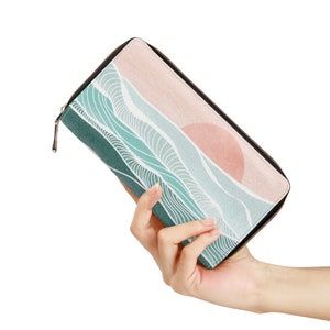 Cartera Boho Sol y Mar para mujer, cartera rosa con cremallera, cartera grande con monedero, cartera estética de piel sintética vegana, regalo para ella imagen 3