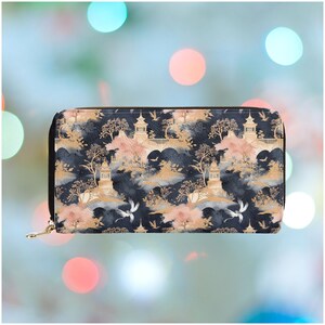 Cartera con diseño de grulla de cerezo para mujer, estilo japonés, con cremallera y monedero, de piel sintética vegana, regalo vegano para ella.