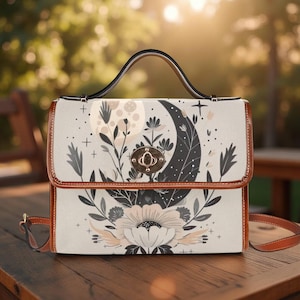 Celestial Floral Satchel Bag Boho Moon Handbag Cute Mystical Handbag Crossbody Bag Vegan Leather Purse Witchy Bag Bookish Gift Cottagecore