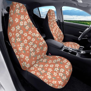 Groovy Bouquet Car Seat Cover for Vehicle Full Set Orange Car Seat Covers for Women, Boho Floral Cotagecore Car Decor Gift for Her