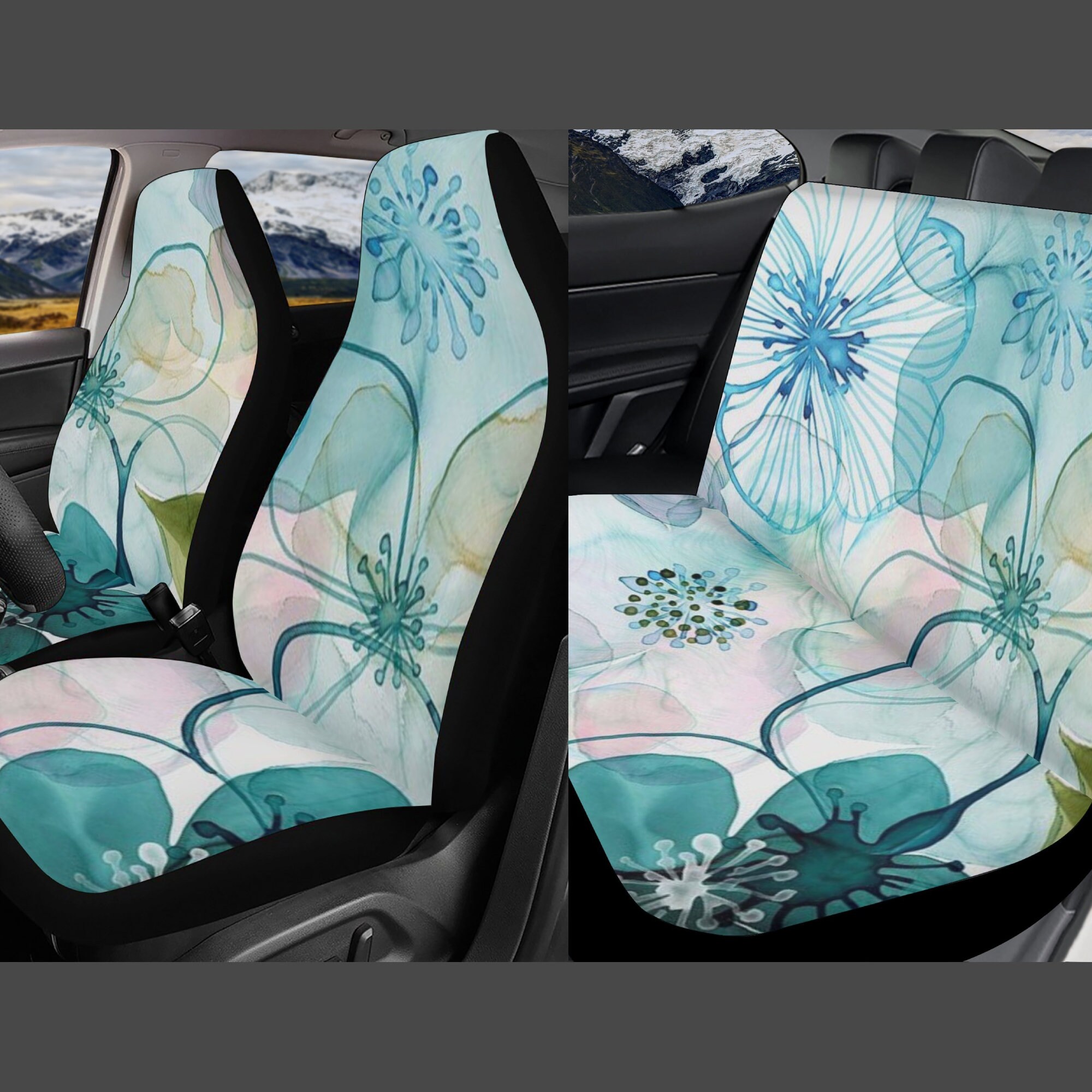 Boho Flowers Car Seat Cover Full Set Turquoise Teal Seat Etsy