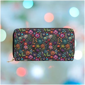 Portefeuille Midnight Cottagecore pour femme Portefeuille à fermeture éclair avec poche pour pièce de monnaie Sac à main en cuir végétalien PU Cadeau végétalien pour elle Fausse broderie