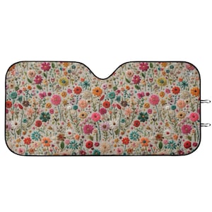 Summer Flowers Windshield Sun Shade, Boho Floral Windshield Sunshade, Cottagecore Sunshade for Car Windshield, Sun Visor, Faux Embroidery