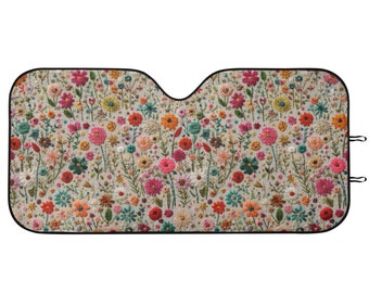 Summer Flowers Windshield Sun Shade, Boho Floral Windshield Sunshade, Cottagecore Sunshade for Car Windshield, Sun Visor, Faux Embroidery