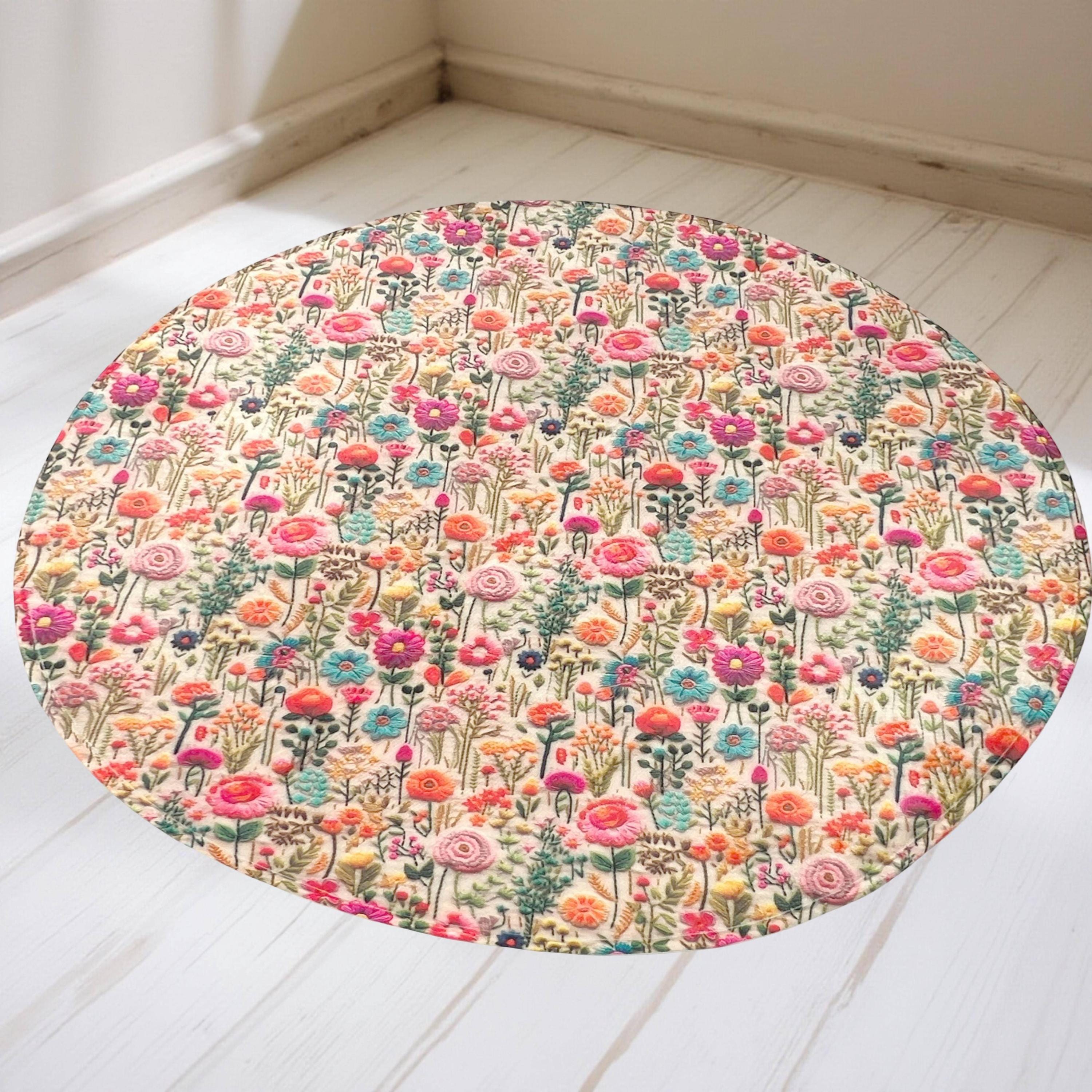 Rainbow Flower Meadow Round Floor Mat, Colorful Wildflower Rug