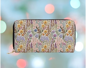 Lavender Cottagecore Wallet for Women Floral Zipper Wallet with Coin Pocket Vegan Leather PU Purse Cute Vegan Gift for Her FAUX Embroidery
