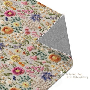 Summer Flower Bloom Faux Embroidery Area Rug | Colorful Cottagecore Floral Floor Carpet