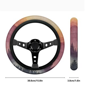 Pine Forest Sunset Steering Wheel Cover Boho Landscape Art Car Accessories Aesthetic Car Decor