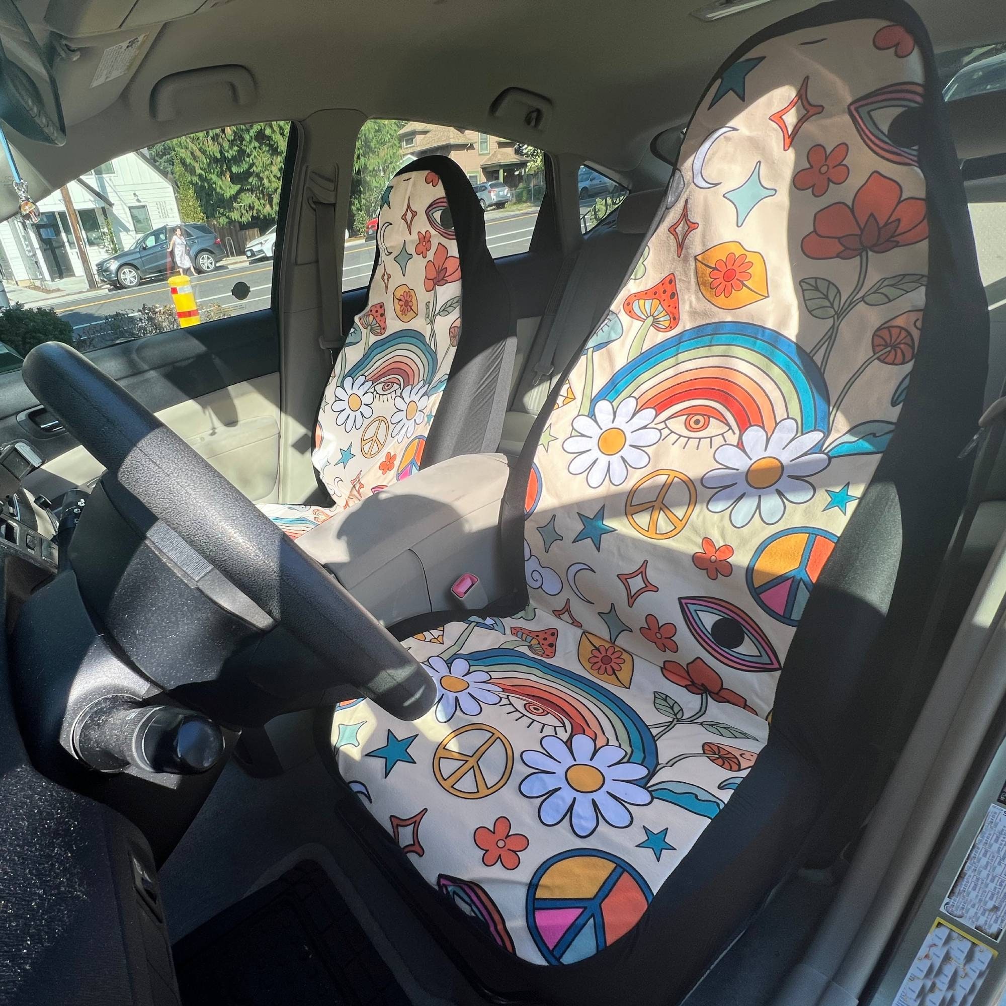 Rainbow Peace & Love Hippie Retro Boho Car Seat Cover For Women