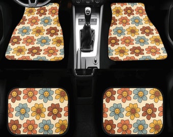 Smiling Flowers Car Mats Yellow, Retro Floral Car Floor Mats, Flora Car Floor Mat for Women, Car Mats Cream, Aesthetic Car Decor