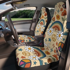 Rainbow Peace & Love Hippie Retro Boho Car Seat Cover For Women, Universal Fit Cute Colorful Floral Front Bucket Seat Cover For Car Vehicle