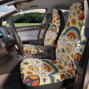 Rainbow Peace & Love Hippie Retro Boho Car Seat Cover For Women, Universal Fit Cute Colorful Floral Front Bucket Seat Cover For Car Vehicle