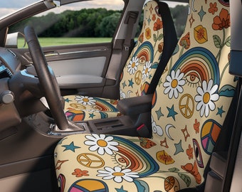 Rainbow Peace & Love Hippie Retro Boho Car Seat Cover For Women, Universal Fit Cute Colorful Floral Front Bucket Seat Cover For Car Vehicle