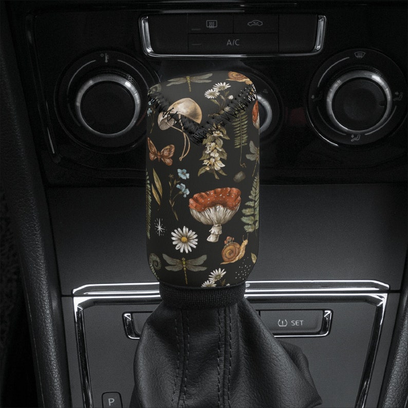 Cottagecore Mushroom Shift Knob Cover, Car Shifter Gear Cover Cute, Witchy Car Interior Decor Black, Amanita Mushroom, Snail, Fern image 4