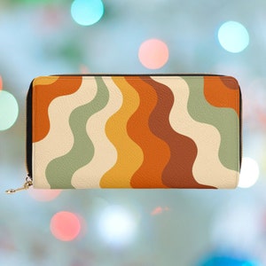 Cartera retro con estilo para mujer, color naranja, con cremallera, grande, estilo años 70 con monedero, de piel sintética vegana, estilo años 60, ideal como regalo.