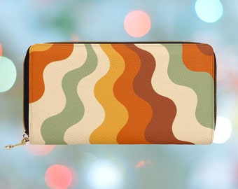 Portfel Retro Groovy Vibes dla kobiet, pomarańczowy portfel z zamkiem błyskawicznym, duży portfel z lat 70. z kieszonką na monety, portfel ze sztucznej skóry z lat 60. wegański, prezent dla niej