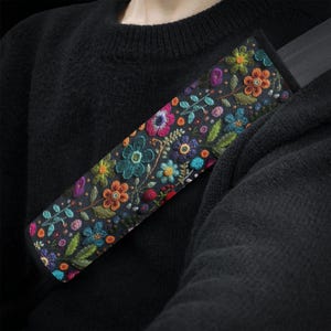 Midnight Cottagecore Seat Belt Cover Boho Floral Seat Belt Strap Cover Cute Cottagecore Car Seat Belt Pad UniquGift for Her Faux Embroidery