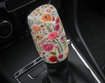 Summer Flowers Shift Knob Cover Faux Embroidery, Boho Floral Car Shifter Gear Cover, Cottagecore Car Interior Decor, Shifter Knob Cover Gift