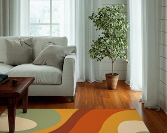 Retro-Teppich mit Wellenmuster | Psychedelischer 70er-Jahre-Chenille-Teppich für Wohnzimmer und Schlafzimmer