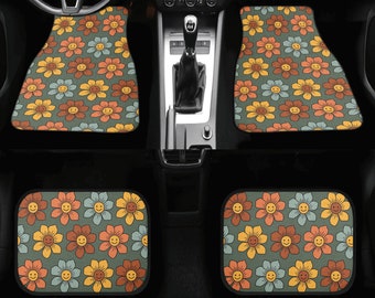 Smiling Flowers Car Mats, Retro Floral Car Floor Mats,  Floral Car Floor Mat for Women, Green Car Mats Green, Aesthetic Car Decor