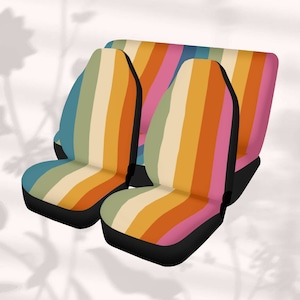 Retro Rainbow Stripes Car Seat Cover Full Set Cute, Seat Cover for Car for Women, Hippie 70s Seat Covers for Vehicle, Aesthetic Car Decor