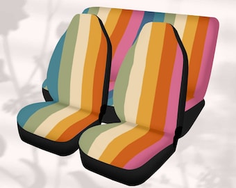 Retro Rainbow Stripes Funda de asiento de coche Conjunto completo Lindo, Funda de asiento para coche para mujer, Fundas de asiento hippie de los años 70 para vehículo, Decoración estética del coche