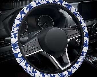 Hibiscus Flower Steering Wheel Cover for Women Hawaiian, Aloha Car Steering Wheel Cover Floral, Blue Car Wheel Cover, Coconut Girl Car Decor