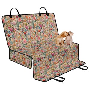 Rainbow Flower Meadow Dog Car Seat Cover, Cottagecore Back Seat Car Cover, Boho Floral Pet Seat Cover for Car, Car Gifts, Faux Embroidery